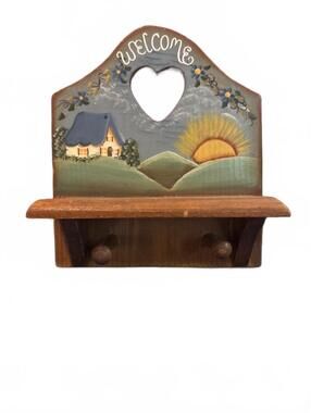 vintage handcrafted hand painted wooden country-style wall shelf with pegs